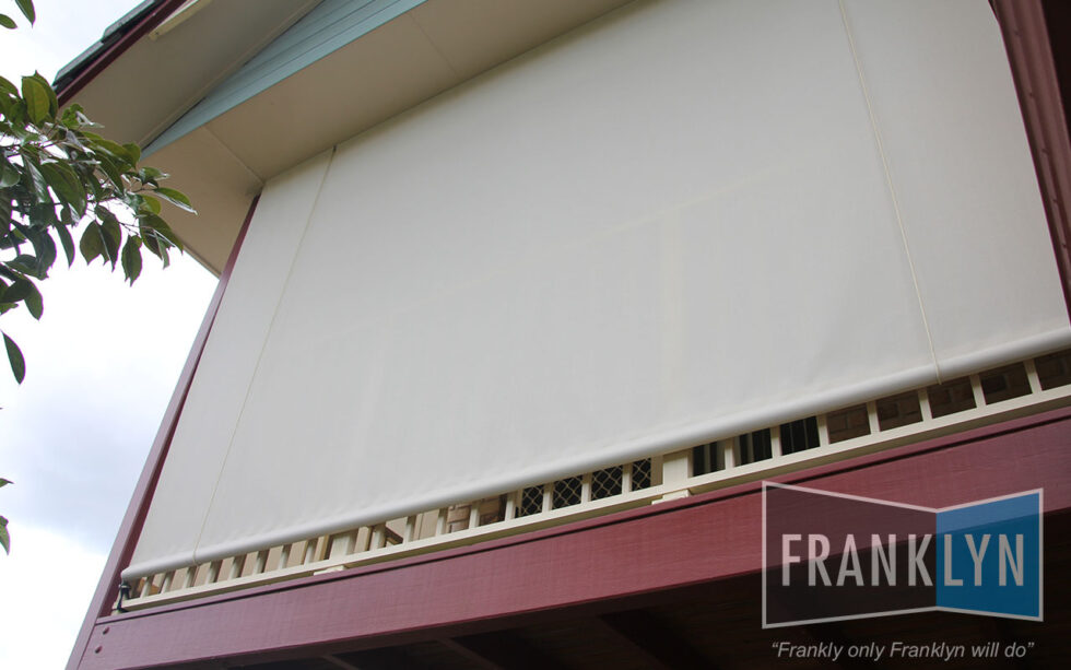 Cord and Pulley Outdoor Blind suitable for raked roofs.